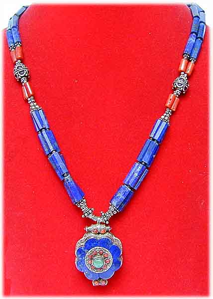 tibetische Lapislazuli Lotus Amulettkette 