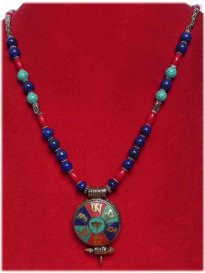 tibetische  Amulettkette mit Inlay Ghau und Mantra